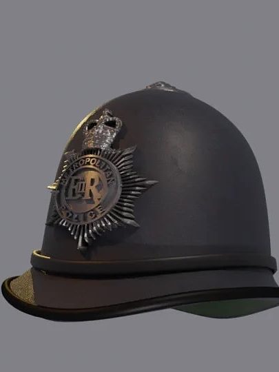 Victorian police helmet with a badge, grey background.