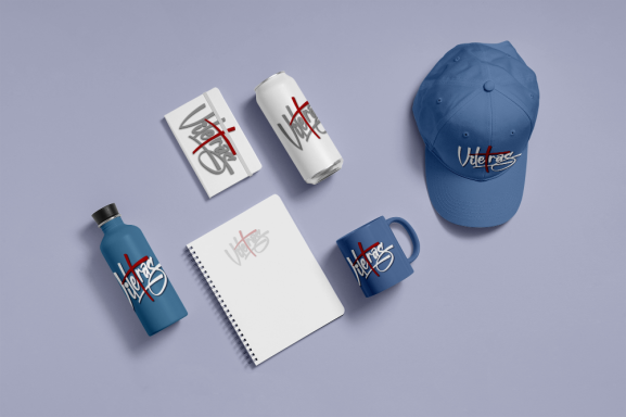 A blue cap, water bottle, mug, notebook, and flyers with a red and white logo.