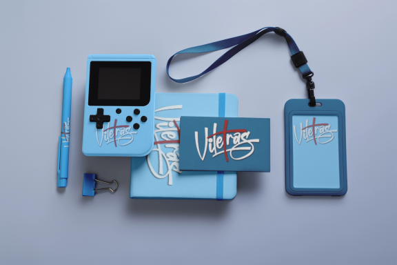 A collection of blue stationery items including a game console, notebook, pen, and ID tag.